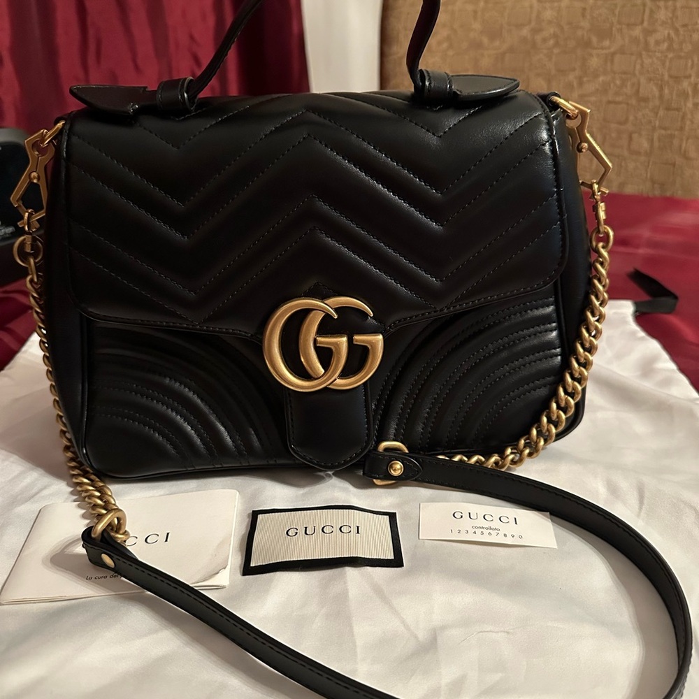 Gucci Black and Gold Quilted Shoulder Bag with GG Logo